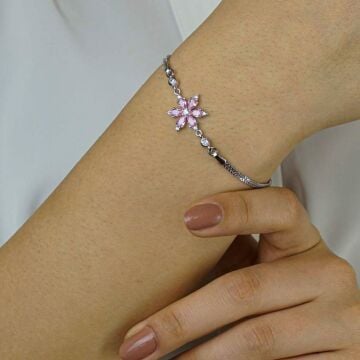 Pembe Lotus Çiçeği Tasarımlı 925 Ayar Gümüş Kadın Bileklik