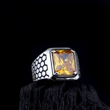 925 Ayar Gümüş Petek Model Zirkon Taşlı Model Erkek Yüzük