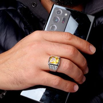 925 Ayar Gümüş Petek Model Zirkon Taşlı Model Erkek Yüzük