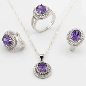 925 Ayar Gümüş Mor Zirkon Taşlı Yuvarlak Model Bayan  Set