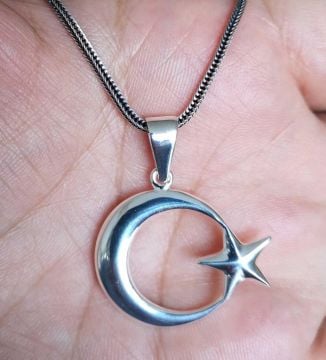 925 Ayar Gümüş Ay Yıldız   Erkek Kolye