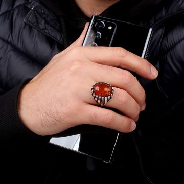 Sentetik Kehribar Taşlı 925 Ayar Gümüş Erkek Yüzük