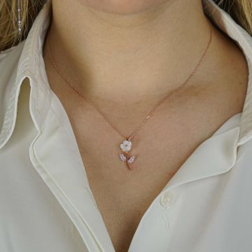 Özel Tasarım Sedef Çiçek Gümüş Kolye Rose