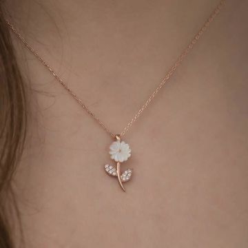 Özel Tasarım Sedef Çiçek Gümüş Kolye Rose
