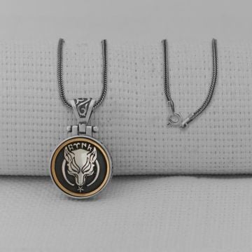 Göktürkçe Türk Yazılı Kurt Tasarımlı Ortası Dönen 925 Ayar Gümüş Kolye