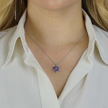 Özel Tasarım Mor Taşlı Lotus Çiçeği Gümüş Kolye