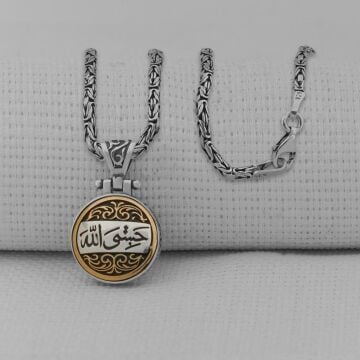 Hasbiyallah Yazılı Ortası Dönen Kral Zincirli 925 Ayar Gümüş Kolye