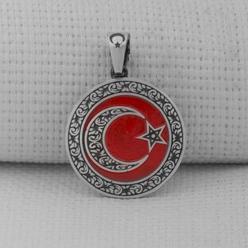Gravür İşlemeli 925 Ayar Gümüş Orta Boy Ay Yıldız Kolye Ucu