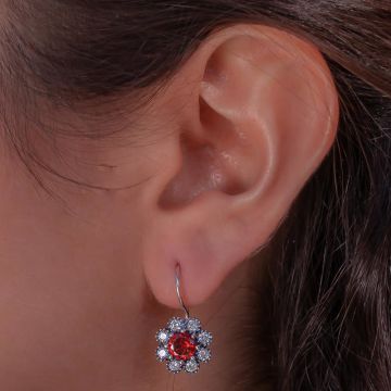 Çiçek Tasarımlı Kırmızı Beyaz Zirkon Taşlı Çengelli 925 Ayar Gümüş Küpe