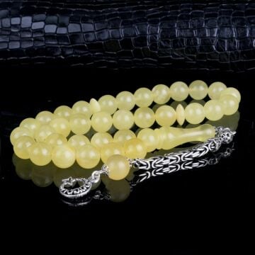 10 MM Mat Renk Orjinal Damla Kehribar Tesbih 925 Ayar Gümüş Püsküllü