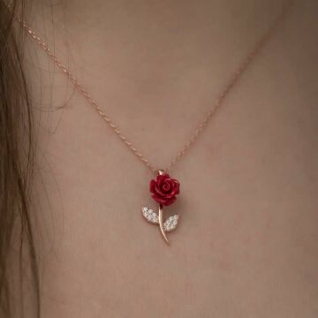 Kırmızı Gül Tasarımlı Gümüş Kolye Rose