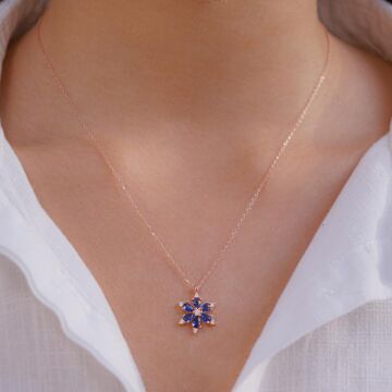 Lotus Çiçeği Tasarımlı Mavi Zirkon Taşlı Rose 925 Ayar Gümüş Kadın Kolye