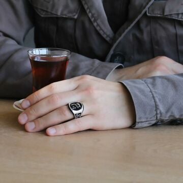 925 Ayar Gümüş Bozkurt ve Üç Hilal  Erkek Yüzük