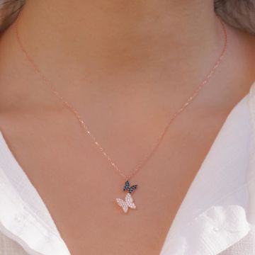 İkili Kelebek Tasarımlı Rose Kaplama 925 Ayar Gümüş Kadın Kolye