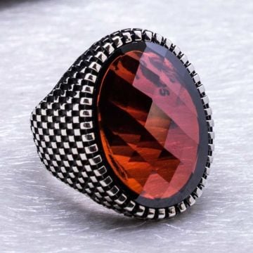925 Ayar Gümüş Kırmızı Zirkon Taşlı  Erkek  Yüzük