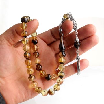 10 mm Fosilli Damla Kehribar Tesbih 925 Ayar Gümüş Püsküllü
