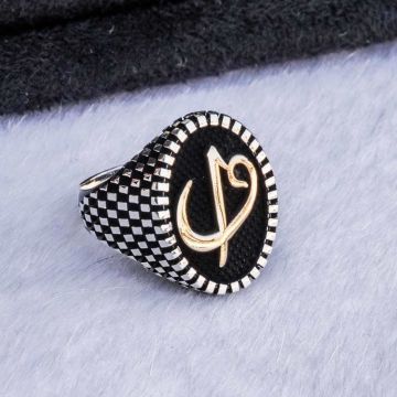 925 Ayar Gümüş Elif Vav  Simgeli Oval Erkek Yüzük