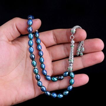 925 Ayar Gümüş Mine Püsküllü Renk Değiştiren Arpa Kesim His Taşı Tesbih