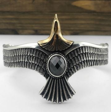 Ayarlanabilir 925 Ayar Gümüş Siyah Taşlı Kartal Erkek Kelepçe