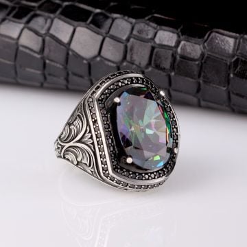925 AYAR GÜMÜŞ MİSTİK TOPAZ TAŞLI KALEM MOTİFLİ YÜZÜK