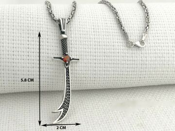 925 Ayar Gümüş Kırmızı Taşlı Zülfikar Kral Zincir Kolye