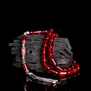 925 Ayar Gümüş Püsküllü Kapsül Kesim Kırmızı Renk Damla Kehribar Tesbih