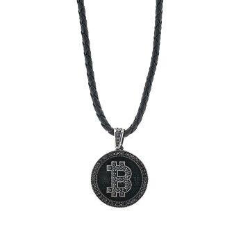 Bitcoin 925 Ayar Gümüş Deri İpli Kolye