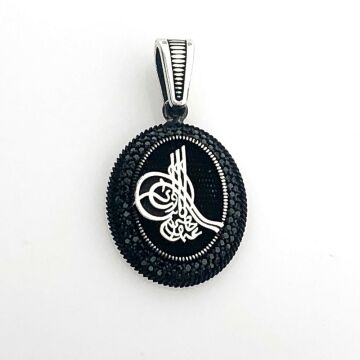 925 Ayar Gümüş Siyah Taşlı Osmanlı Tuğralı Kolye Ucu