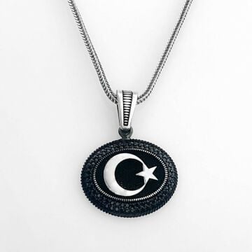 925 Ayar Gümüş Siyah Taşlı Ayyıldız Kolye