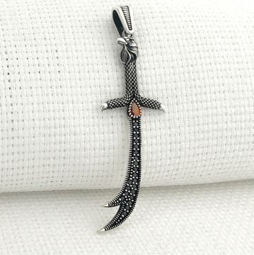 925 Ayar Gümüş Kırmızı Taşlı Kartal Başlı Zülfikar Kolye Ucu