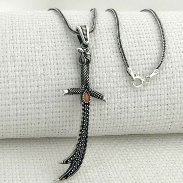 925 Ayar Gümüş Kırmızı Taşlı Kartal Başlı Zülfikar Kolye