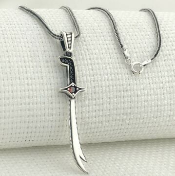 925 Ayar Gümüş Kırmızı Taşlı Zülfikar Kolye