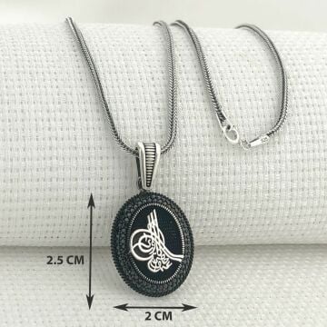 925 Ayar Gümüş Siyah Taşlı Osmanlı Tuğralı Kolye