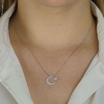 Büyük Boy Ay Yıldız Tasarımlı Beyaz Zirkon Taşlı 925 Ayar Gümüş Kadın Kolye