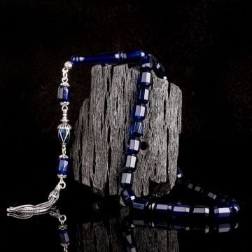 Çift Renk Gümüş Püsküllü Fasetli Damla Kehribar Tesbih