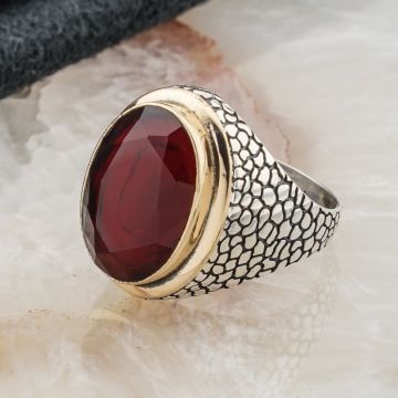 925 ayar Gümüş Oval Kırmızı  Zirkon Taşlı Desenli Erkek Yüzük