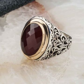 925 Ayar Gümüş Büyük Kırmızı  Zirkon Taşlı Erkek Yüzük
