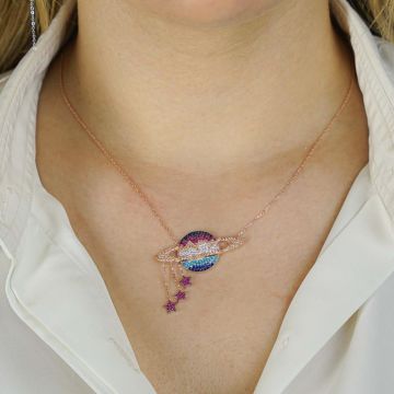 925 Ayar Gümüş Zirkon Taşlı Gezegen Kolye