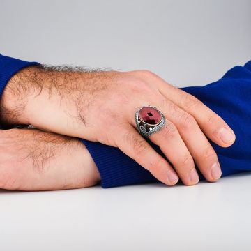 925 Ayar Gümüş Zirkon Taşlı Tuğralı Erkek Yüzük 3