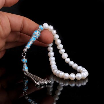 TURKUAZ RENK ZİRKON TAŞLI GÜMÜŞ SET İNCİ TAŞLI TESBİH