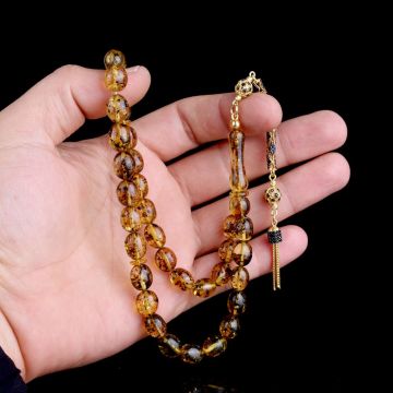 Zirkon Set Gümüş Püsküllü Çöp Fosilli Damla Kehribar Tesbih