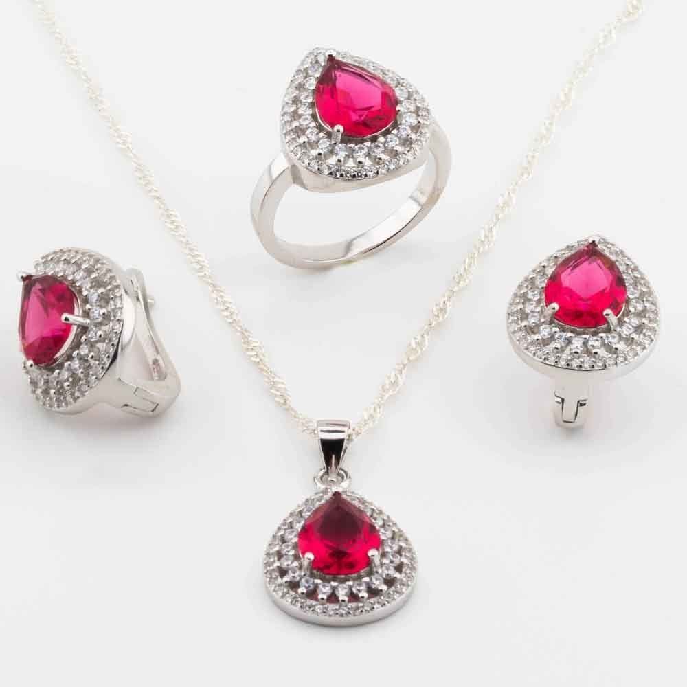 925 Ayar Gümüş Pembe Zirkon Taşlı  Damla Model Set