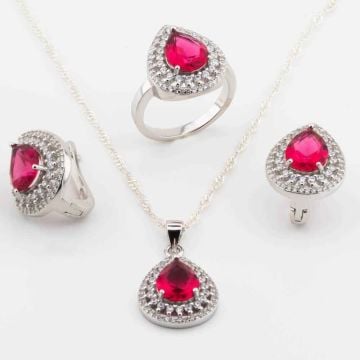 925 Ayar Gümüş Pembe Zirkon Taşlı  Damla Model Set
