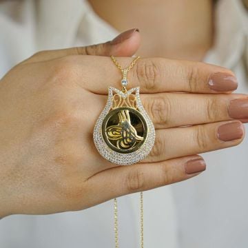 925 Ayar Gümüş Altın Kaplama Tuğralı Lale Kolye Model 1