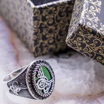 Osmanlı Tuğrası Yeşil Akik Taşlı Gümüş Yüzük