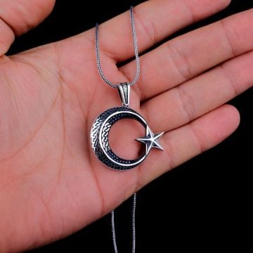 925 AYAR GÜMÜŞ ÖRGÜ MODEL AYYILDIZ MİKRO TAŞLI KOLYE