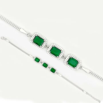 Pırlanta Tasarımlı Zümrüt Yeşili Taşlı Baget Gümüş Bileklik