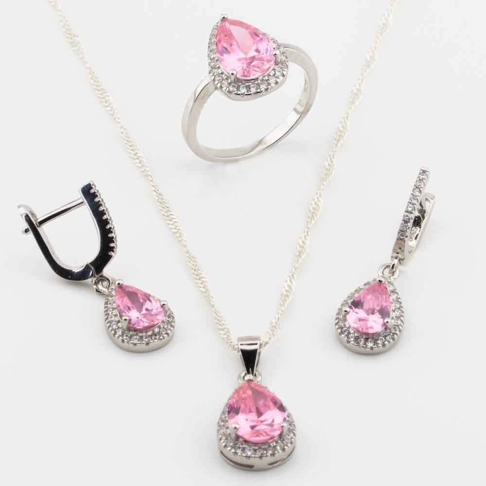 925 Ayar Gümüş Pembe Zirkon Taşlı Damla Model Bayan Set
