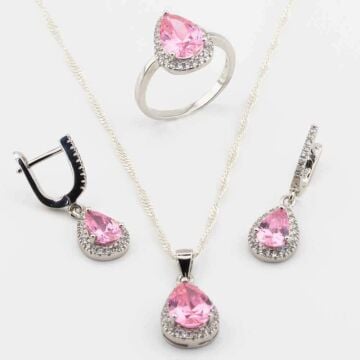 925 Ayar Gümüş Pembe Zirkon Taşlı Damla Model Bayan Set