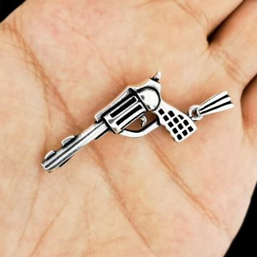 Özel Tabanca Tasarımlı Kalın Zincirli 925 Ayar Gümüş Kolye 60 CM
